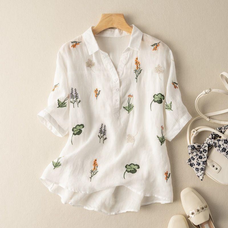 Short-sleeved Cotton and Linen Shirts for Women in Summer New Style Loose Literary Retro Printed Fashion Tops Casual