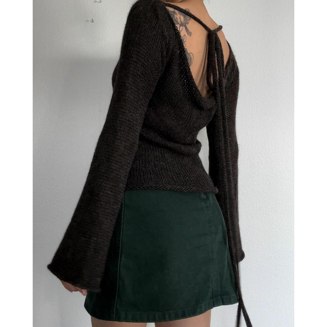 

Модная женская футболка с завязками на спине, свитер с длинным рукавом, вырез-лодочка, однотонный трикотажный пуловер, повседневная уличная одежда, летняя майка 2000 года XS чёрный