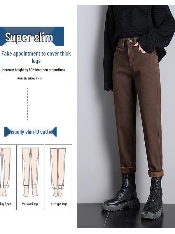 Coffee Brown Women's High-Waisted Velvet-Lined Loose Jeans - Winter 2025 Harajuku Style Trousers