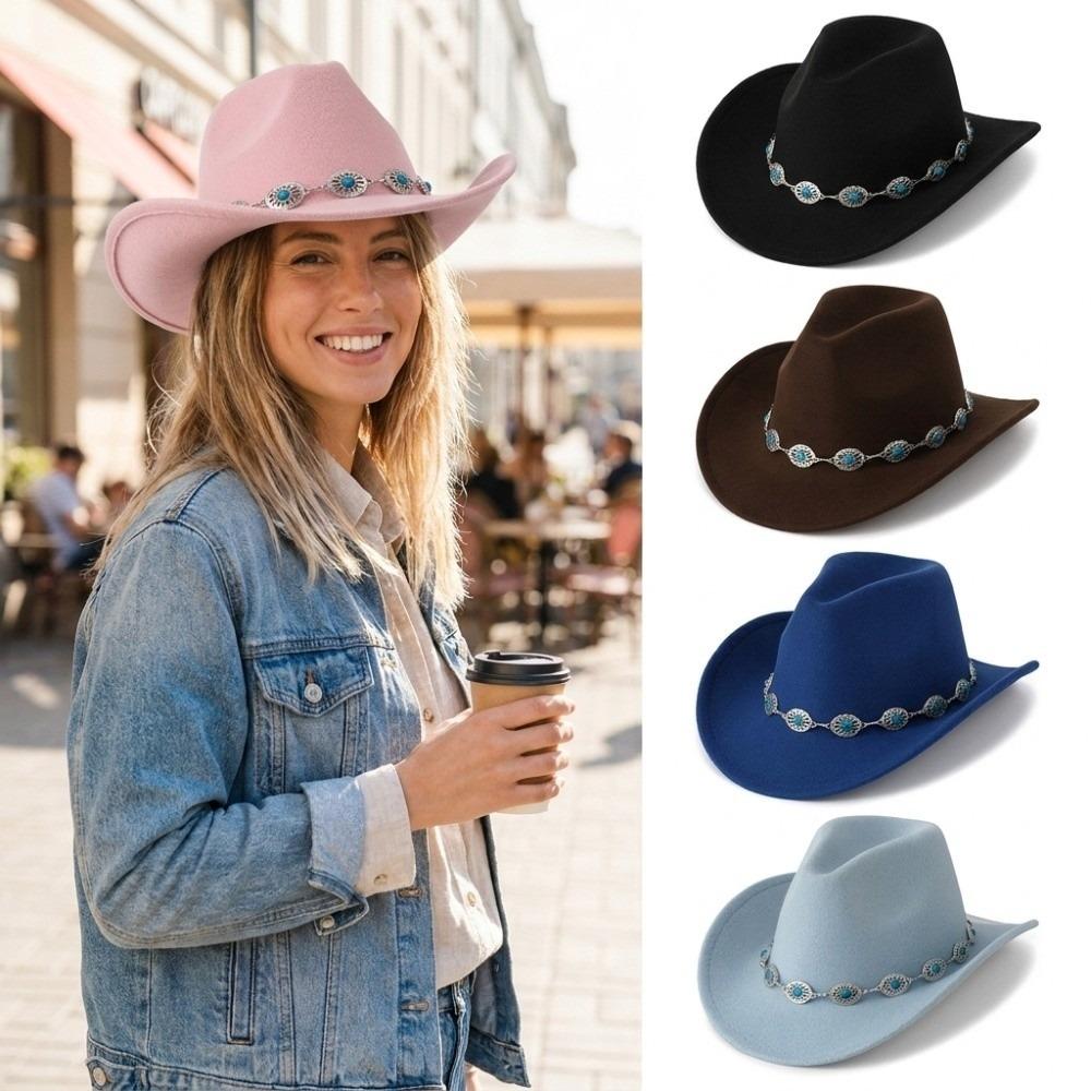 Turquoise Felt Fedora Hat Wide Curved Brim Western Cowgirl Hat for Party Travel Costume