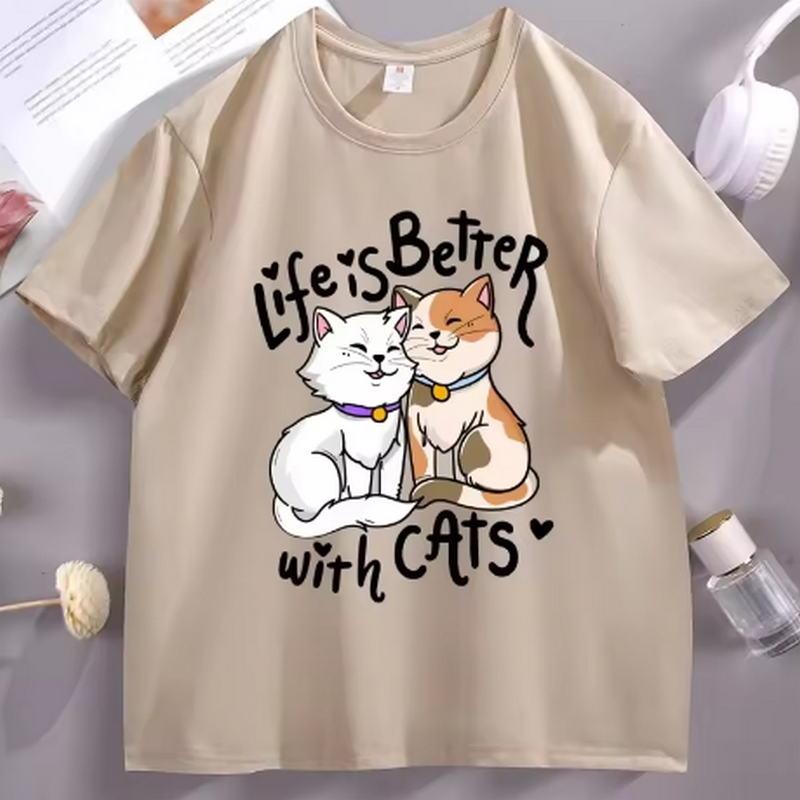 Life Is Better with Cats Graphic T Shirts Funny Valentines Day Cotton Short Sleeve Round Neck Tshirts Streetwear Loose Tops
