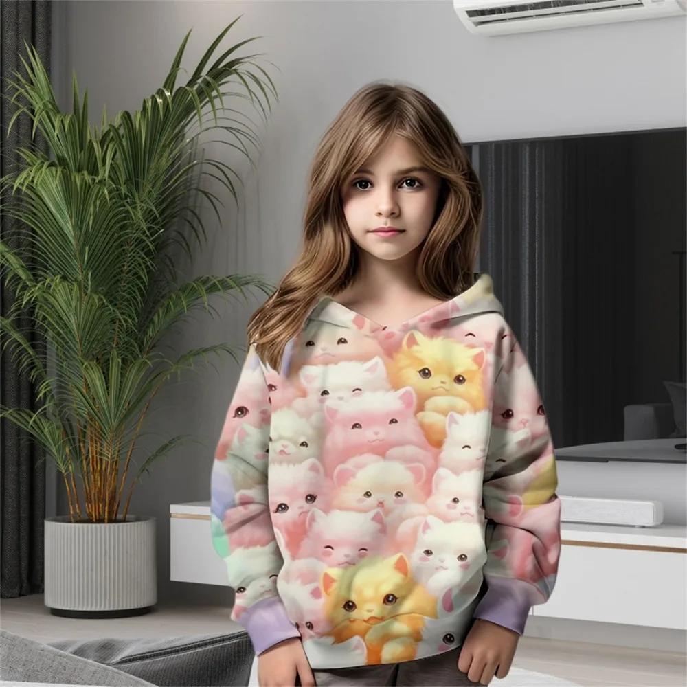Autumn 3D Cute Cat Printed Hoodies Fashionable Casual Sports Long Sleeved Children's Girl Hooded Sweatshirts