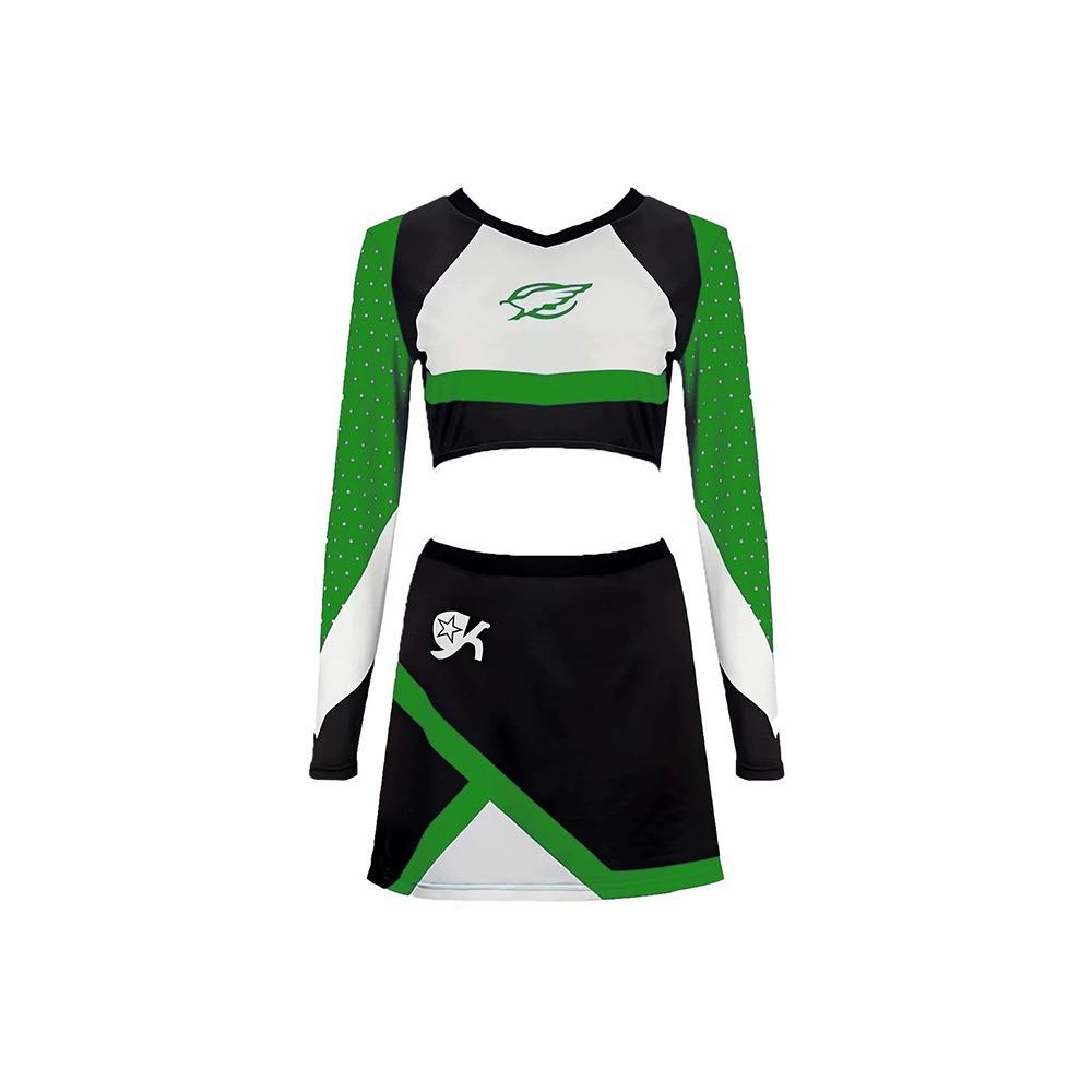 2pcs 2026 Women Sparkle Cheerleading Uniform Long Sleeve Crop Tops Mini Skirt Halloween Party Cosplay Costume Cheerleader Skirts