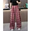 Red plaid pants spring and autumn new narrow version straight loose retro casual small high waist wide leg trousers