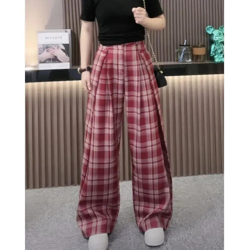 Red plaid pants spring and autumn new narrow version straight loose retro casual small high waist wide leg trousers