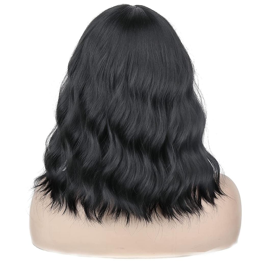 XINRAN Damenmode schulterlange schwarze natürliche gewellte Perücke mit Pony Kunstfaser gewellte Perücke für den täglichen Gebrauch Cosplay