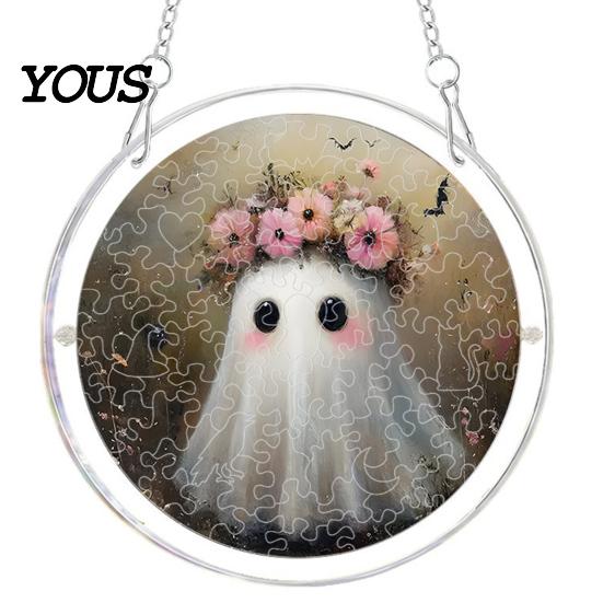 Acrylic Halloween Decoration Suncatcher Jigsaw Puzzle Set, Spooky Ghost Floral Meadow Window Hanging Ornament with Metal Lightweight Frame