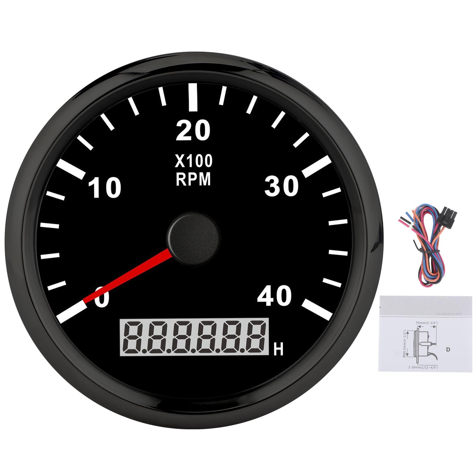 

85mm Pointed Boat Tachometer LCD Digital 4000RPM with Red Backlight IP67 Waterproof 12V 24V Black background black frame