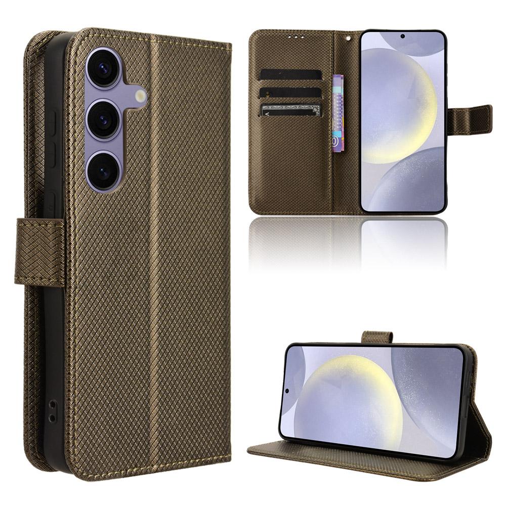 

For Samsung Galaxy S25 FE Leather Wallet Case with Strap Diamond Texture Phone Cover Brown