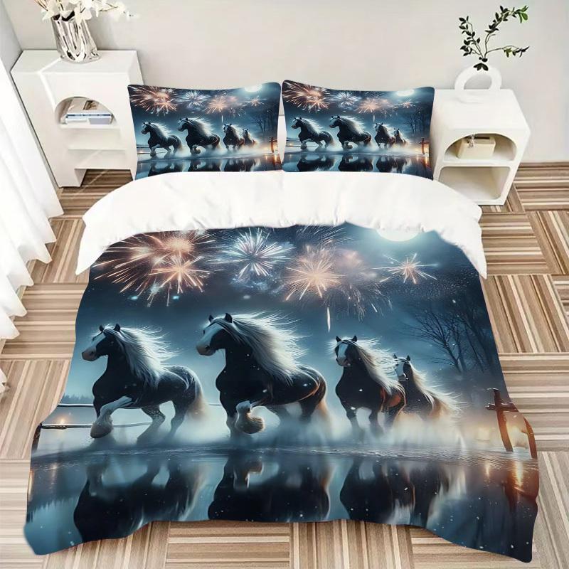 3pcs Anime Horse Fireworks Bedding Set - Includes One Quilt Cover and Two Pillowcases (No Core) - Home Decor Gift for Bedroom and Guest Room