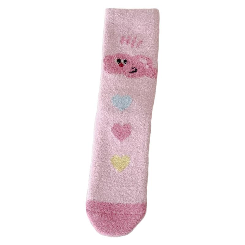 Pink Australian Velvet Socks Medium Tube Socks Season Warm, Piled And Thickened Cute Expression Cartoon Plush Sleep Socks
