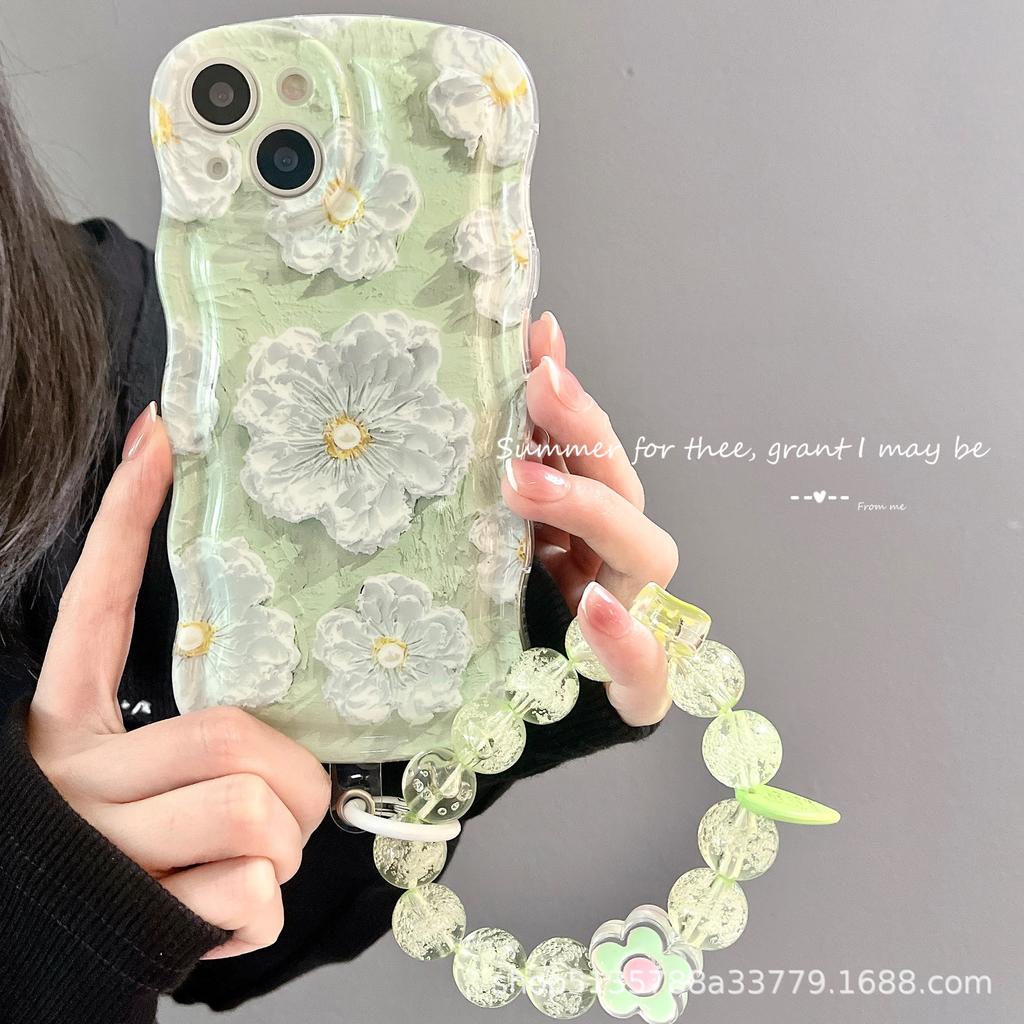 Apple 15 Mobile Phone Case Cartoon Green Bracelet Oil Painting Flower iPhone16ProMax/12/11/xs/xr