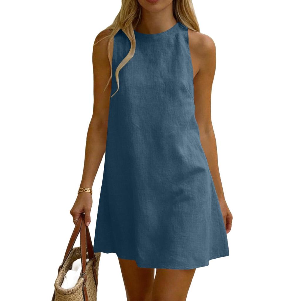 Sleeveless Pleated Dress Round Neck Short Dress Casual Vacation Dress Lightweight Summer Dress for Women