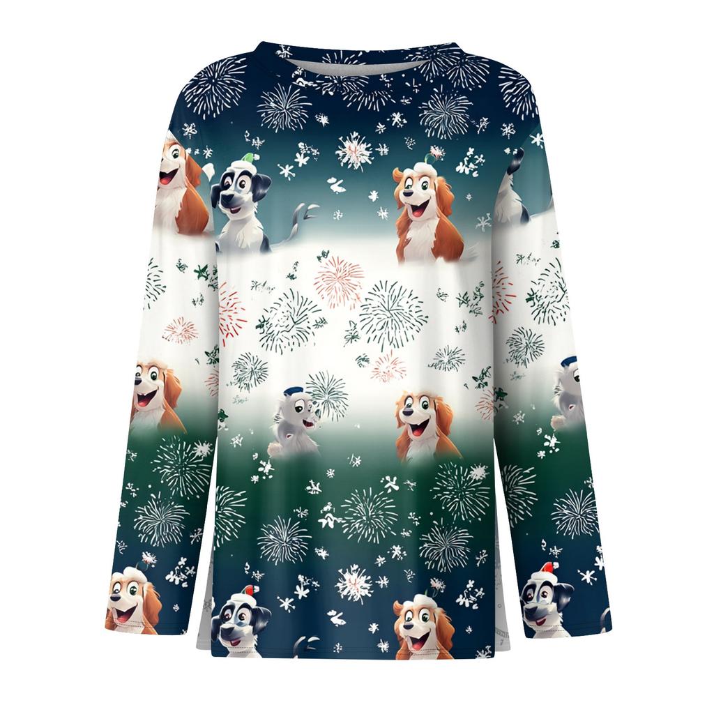 Women's Fashion Casual Slit Hem Round Neck Long Sleeve Loose Christmas Printed T-Shirt Ladies Top