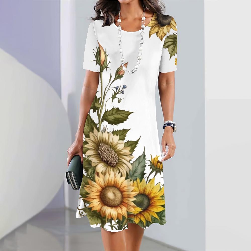 

Новые платья с подсолнухами для женщин, женственные элегантные платья миди, летнее платье с коротким рукавом, модная женская одежда XL