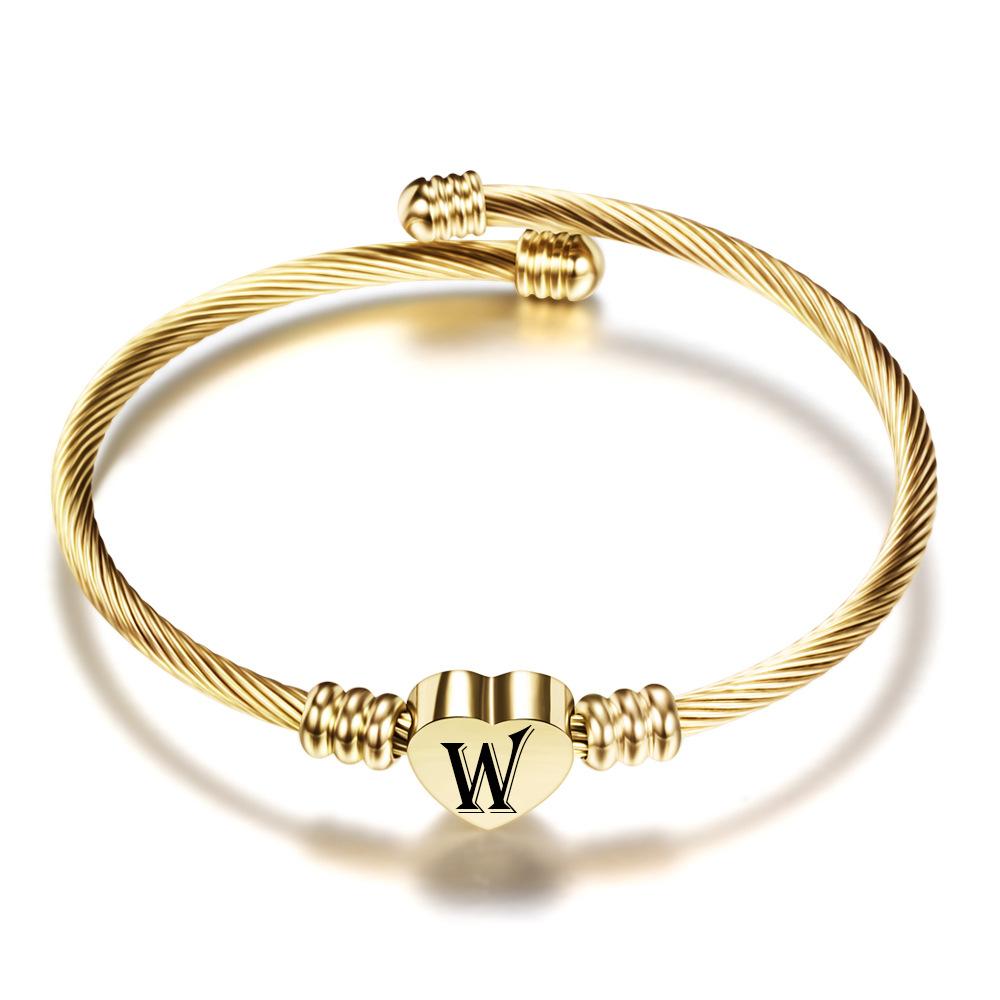 Ouro 26 letras de aço inoxidável trançado cabo fio titânio aço pêssego coração pulseira feminina