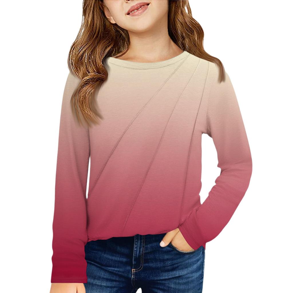 Girls' Long Sleeve Tee - Pleated Round Neck Casual Top