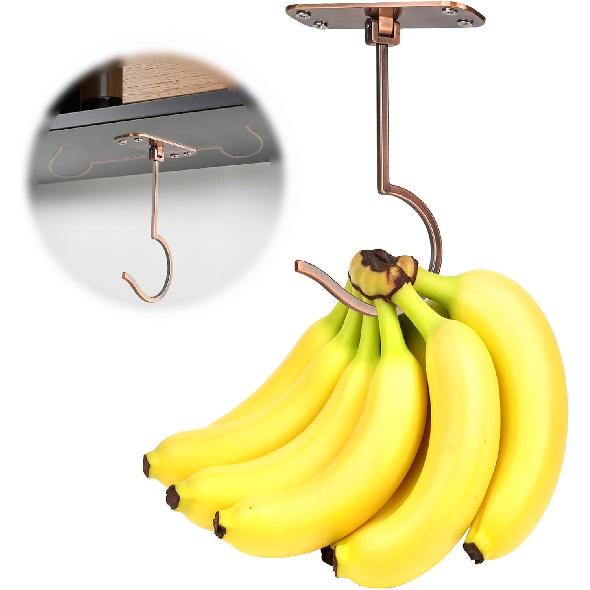 Banana Hook Under Cabinet, Foldable Metal Banana Hanger to Keep Bananas Fresh, Banana Holder Under Cabinet for Bananas or Other Kitchen Items (Black)