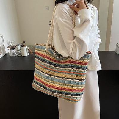 Summer Striped Straw Bag Women's 2025 New Trendy Fashion Large Capacity Commuter Shoulder Bag Versatile Tote Bag