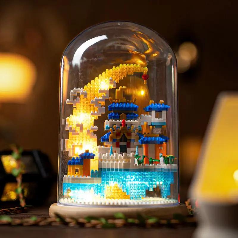 Chinese Ancient Architecture Building Blocks Series Model Sakura Bonsai Tree Peach Blossom Pool Adult Home Decorations DIY Gifts