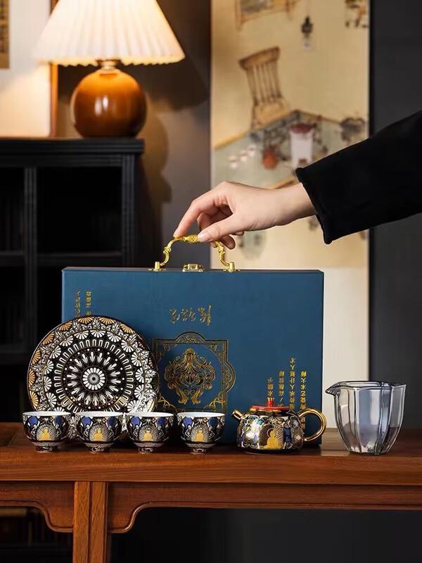 Chen Desheng Dunhuang Thangka Silver & Ceramic Tea Set