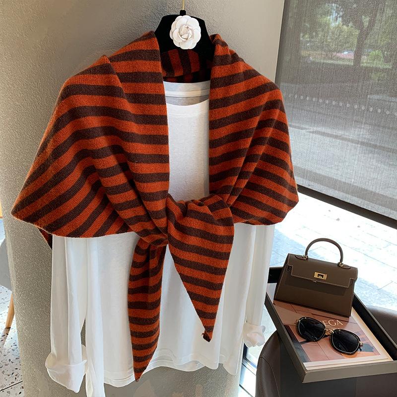 Women Striped Wool Triangle Knit Shawl Warm Winter Outerwear Wrap