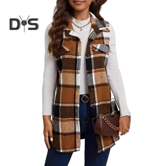 

Женский жилет весна-осень с отложным воротником и клетчатым принтом, без рукавов, свободный однобортный жилет средней длины, пальто, верхняя одежда для школы и поездок на работу L коричневый