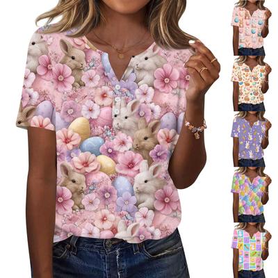 Camiseta feminina estampada botão manga curta diário fim de semana moda básica decote em v regular top
