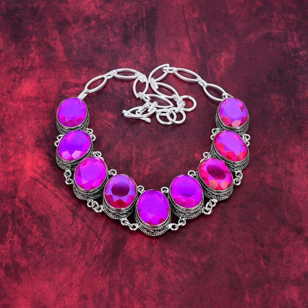 Faceted Pink Topaz Handmade Gemstone Necklace, 925 Solid Sterling Silver Necklace Antique Jewelry, For Engagement Gift