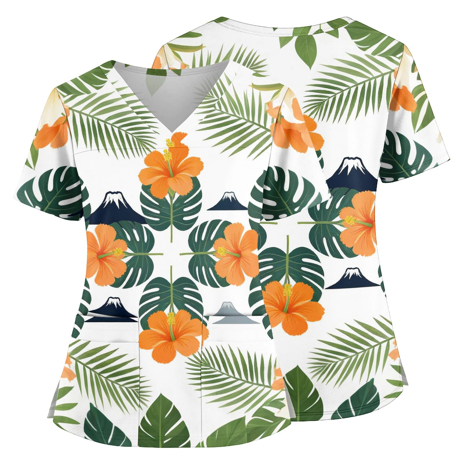 

Women Nurse Scrub Top Hawaiian Print V Neck Short Sleeve Medical Uniform Shirt with Pockets and Side Slits for Healthcare Professionals M