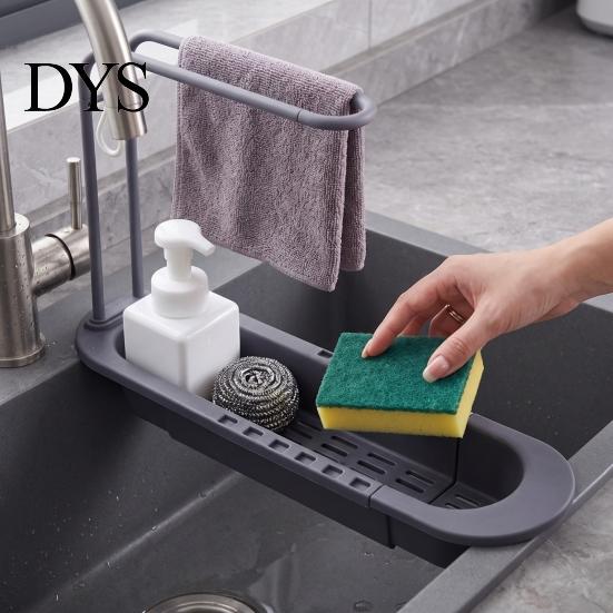 Detachable Towel Hanging Rod Retractable Kitchen Sink Organizer with Hanger, Adjustable Plastic Soap And Sponge Holder Holder, Large Capacity