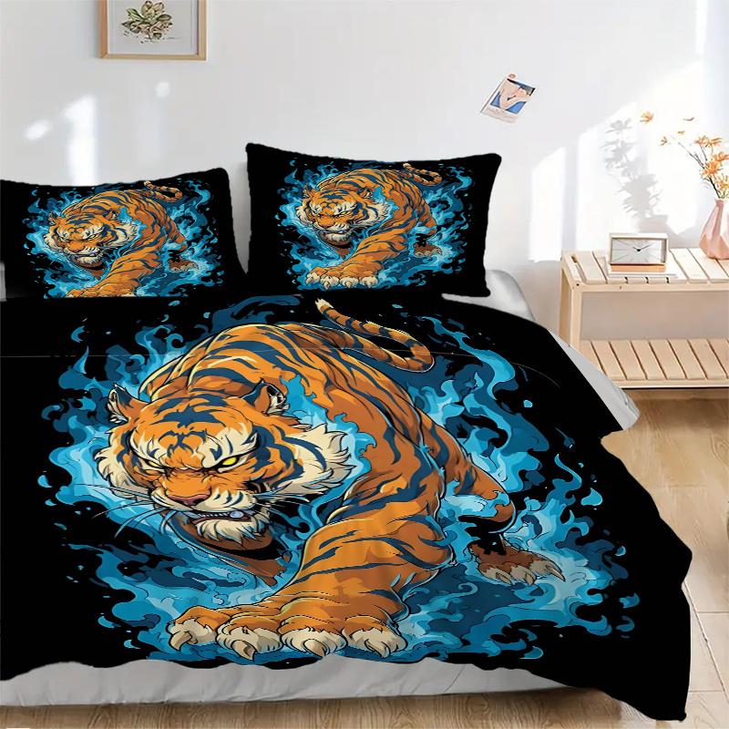 3pcs Blue Flame Tiger Quilt Set - Soft and Comfortable Bedroom, Guest Room and Dorm Decor Bedding Set 1 Quilt Cover + 2 Pillowcases.W012