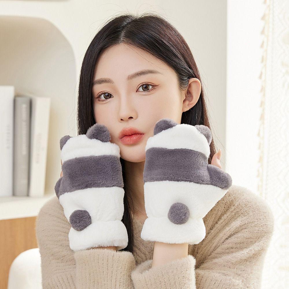 Fleece-lined Half Finger Gloves  Winter Velvet Mittens Cute Panda Plush Gloves  Riding
