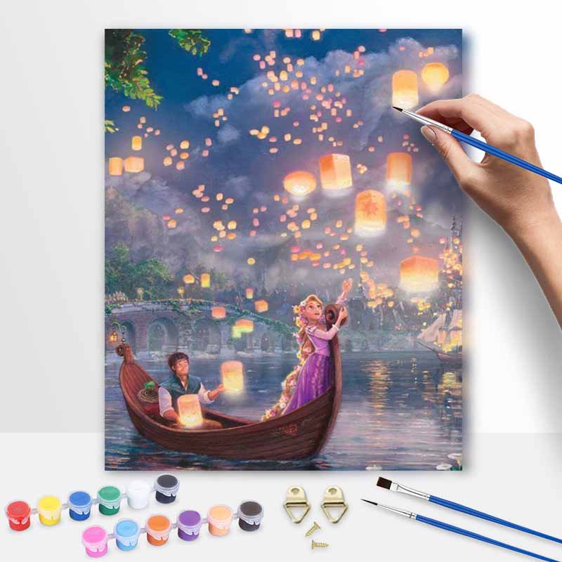 Disney Oil Painting DIY Digital Painting Tangled Rapunzel Lantern Scene HandPainted Wall Art for Living Room or Entryway.