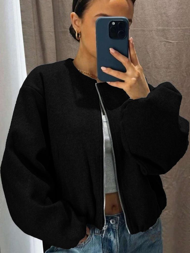 Women's Autumn/Winter Bomber Jacket - Round Neck, Drop Shoulder, Lantern Sleeve, Street Style Zip Cardigan