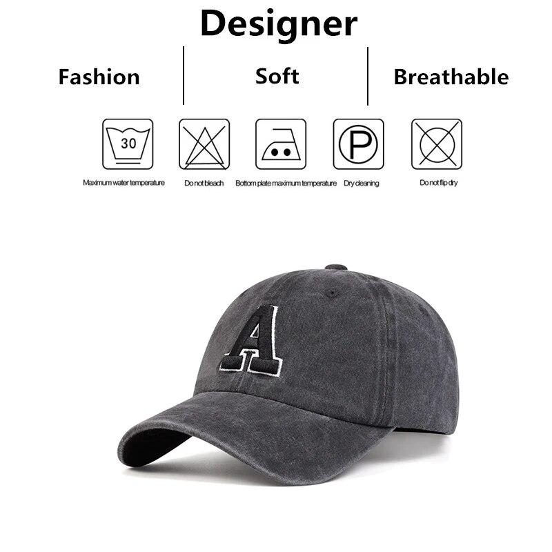 Casquettes de Baseball Unisexes Broderie Lettre A Lavées Printemps et Automne Chapeaux Casuels Réglables d'Extérieur Chapeau Anti-Soleil
