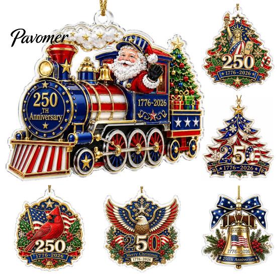 250th Anniversary Christmas Ornament Ornament, USA Santa Train 2D Flat Acrylic Decoration Patriotic Themed Party Supplies for Tree Holiday Decor, 1776