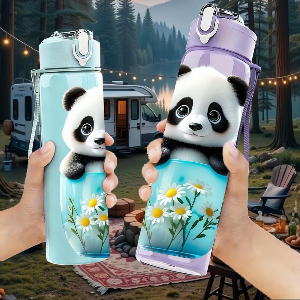 1PC Panda Inside Blue Tea Cup Print 750ml Color Plastic Sports Water Bottle Leakproof Flip Straw Lid Suitable for Sports Office Home Use