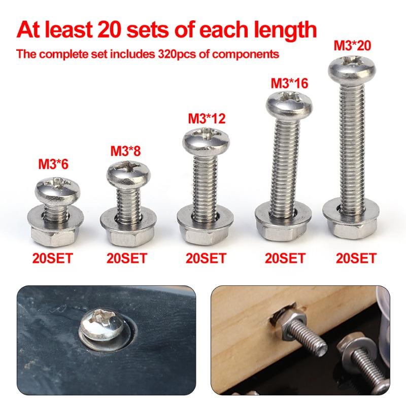 640/320pcs M3 Stainless Steel Hexagon Hex Socket Screw Nut Set Flat Round Caps Head Bolt Assortment Kit Allen Bolts Set Hardware