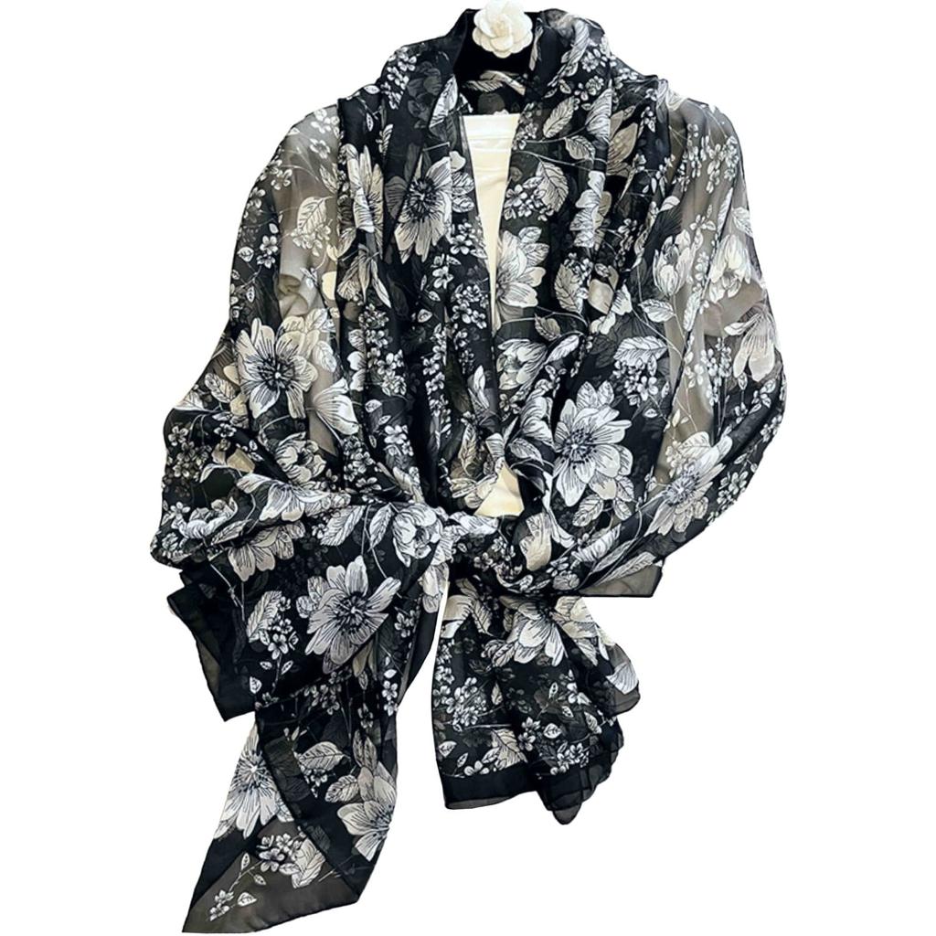 Black and White Floral Scarf - Delicate, Elegant, Semi-Transparent
