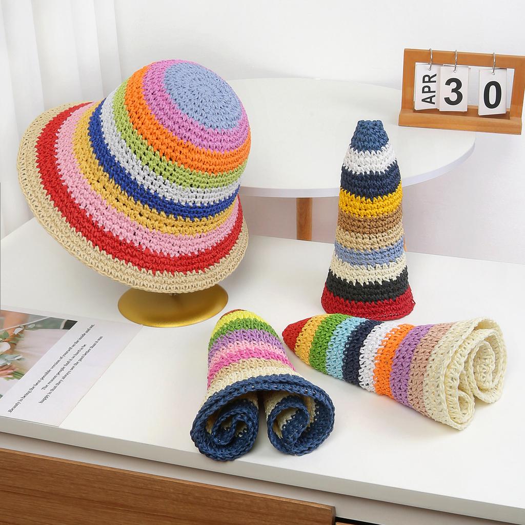 Unisex Summer Paper Sun Bucket Hat Checked Rainbow Gradient Silk Screen Printed Beach Vacation Ribbon