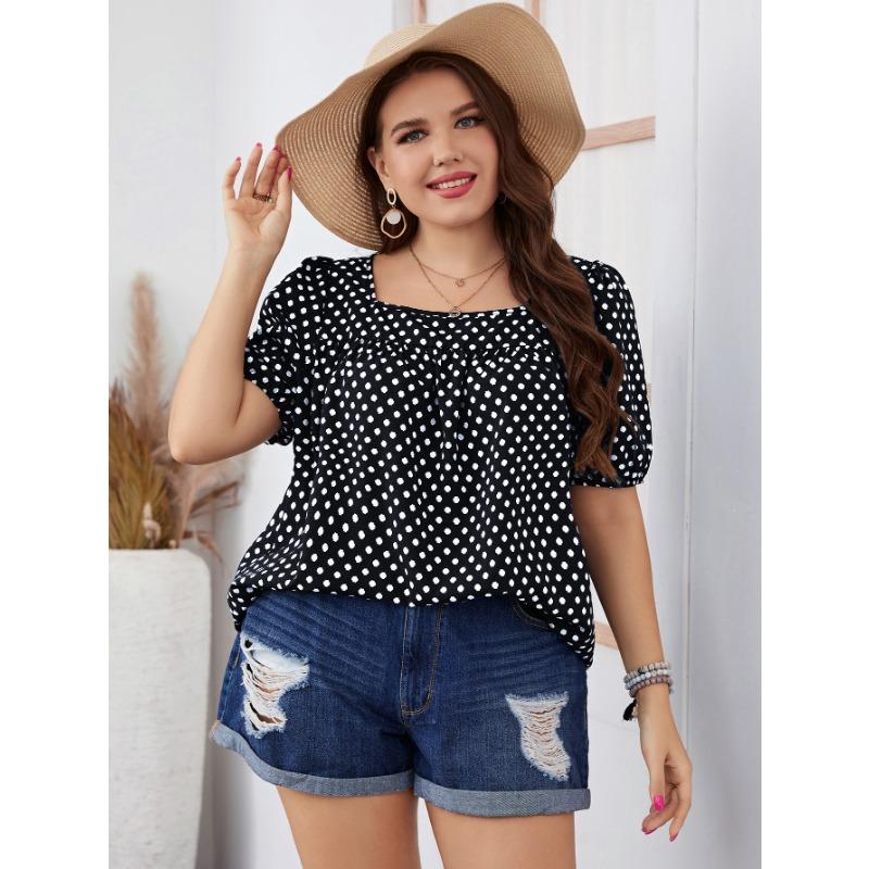 Sommer Herbst Damen Chiffon Kurz Rundhals Bluse Karomuster Temperament Pendler Polka Dot Hemd XL-4XL