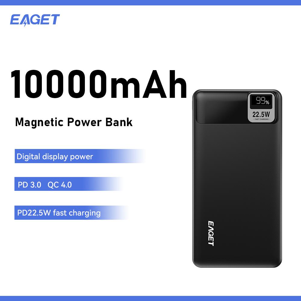 EAGET Přenosná nabíječka 22,5 W 10 000 mAh Vybavená digitálním LED displejem Rychlé nabíjení, podporuje nabíjení více zařízení současně