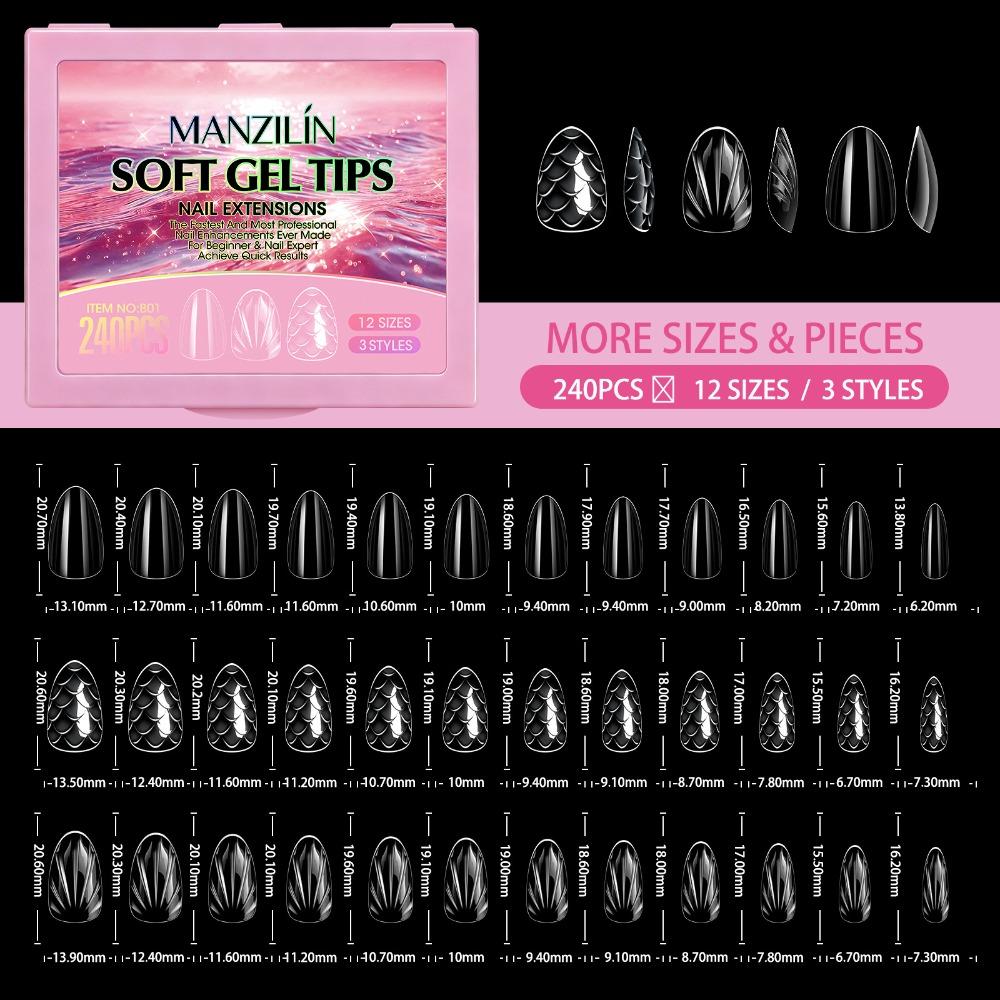 240pcs 12 Sizes Press on Nails Shell/Almond Shape Gel Nail Tips Woman DIY Nail Art