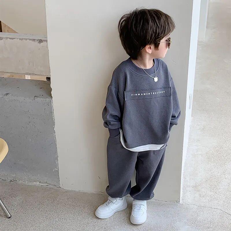 Conjunto de Roupa Infantil de Primavera e Outono Versão Coreana Casual Suéter Calças Conjunto de 2 Peças Bebê Solto Conjunto Esportivo