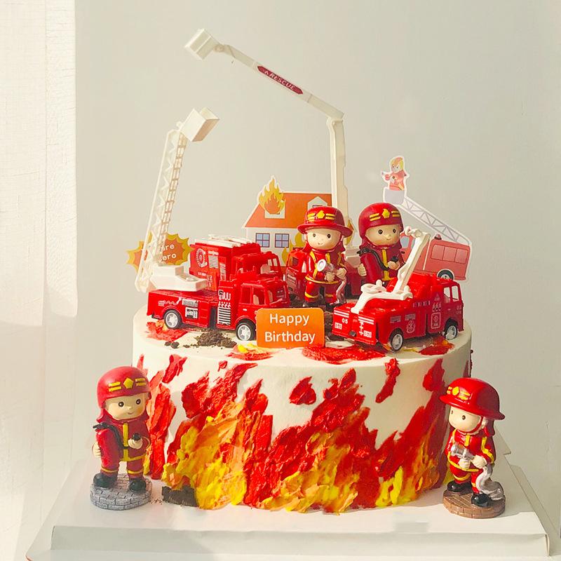 

Fireman Ladder Fire Truck Water Tank Cake Topper Boys kids 1st One Year Birthday Party Firefighter Hero Theme cake decoration