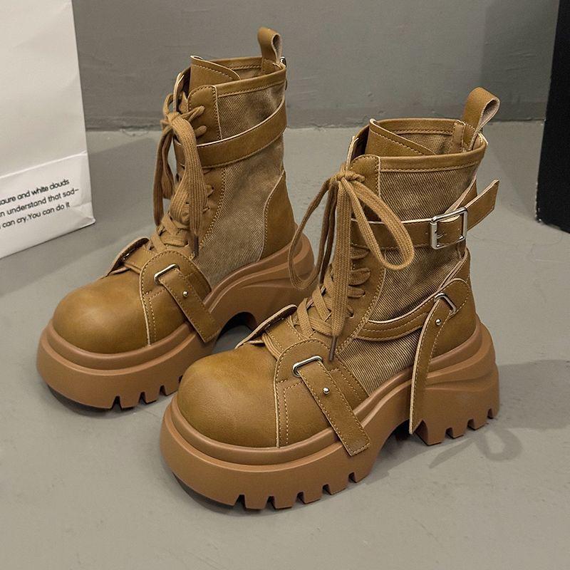 Leder-Denim-Plateau-Martin-Stiefel im europäischen Stil - Damen 2025 Neue höhenverlängernde Motorrad-Kurzstiefel, kleine Größen