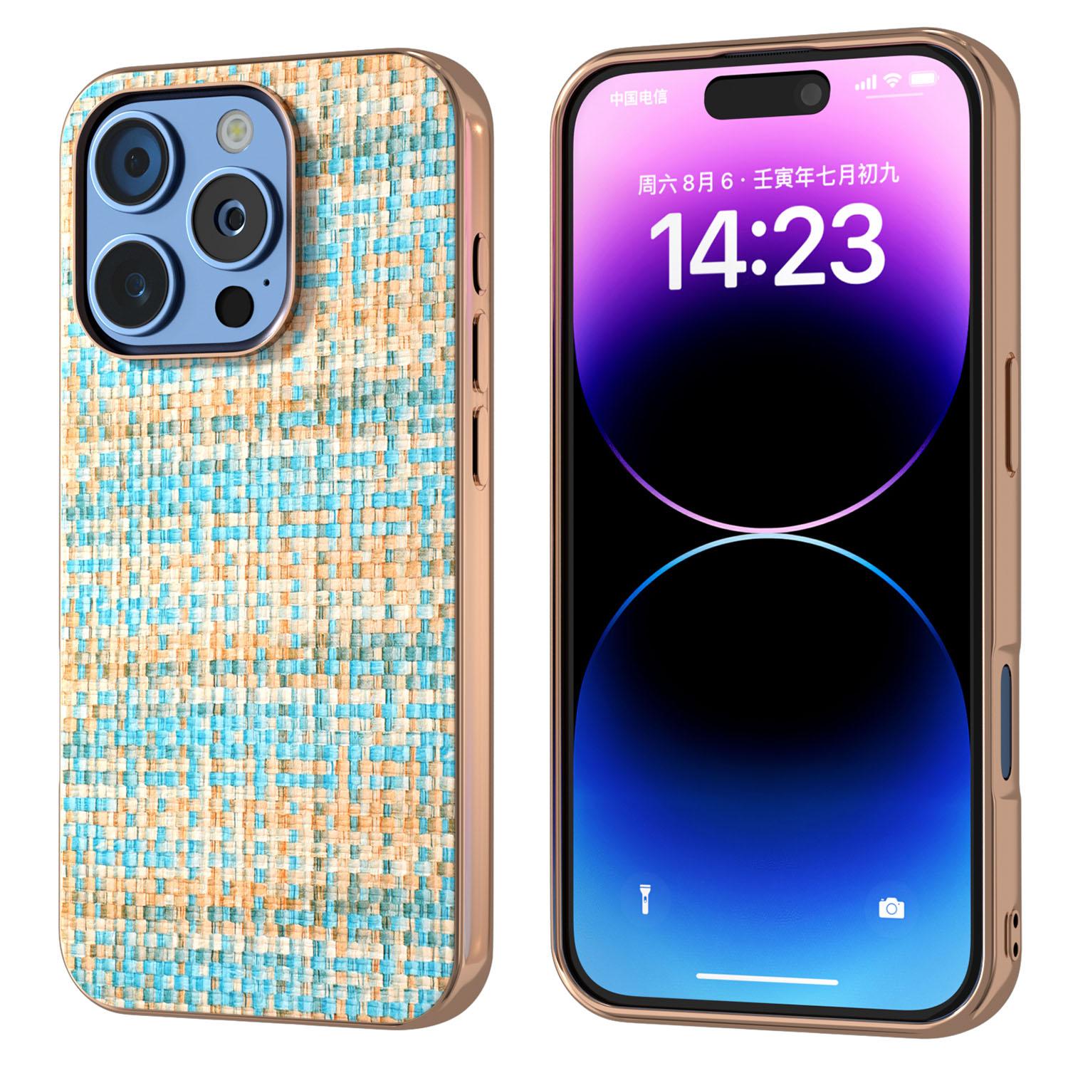 

For iPhone 16 Pro Max Case Electroplating Edge Plaid Texture PU Leather+PC+TPU Phone Cover F