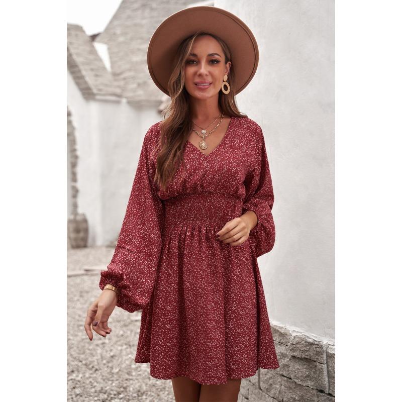 Summer New Polka Dot Women's Dress, Pullover V-neck Long-sleeved Pleated Waist Floral Slim-fit Skirt