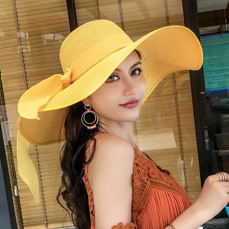 

Соломенная шляпа, шляпа от солнца из рафии, защита от солнца, большие поля для подчеркивания лица, маленькая шляпа, модная универсальная пляжная шляпа Adjustable [Send windbreak rope] жёлтый